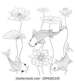 A lake with clear water and koi fish. Vector design of a pond with small fish, lotus, leaves and plants. Drawing for coloring.