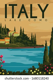 Lake como Italy Vector Illustration Background. Travel to Lake Como Lombardy Italy. Flat Cartoon Vector Illustration in Colored Style.