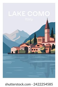 Lake Como landscape art print. Italian panorama with lake and mountains, vintage postcard with old town villas and cypress, flat poster design. Vector illustration. svg