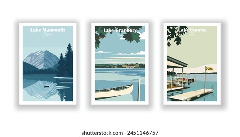 Lake Conroe, Texas,Lake Granbury, Texas, Lake Mammoth, California - Vintage travel poster. Vector illustration. High quality prints