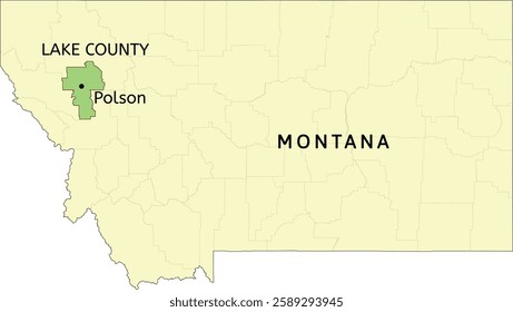 Lake County and town of Polson location on Montana state map