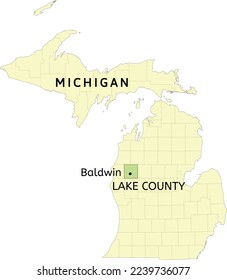 Lake County and village of Baldwin location on Michigan state map