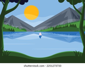 Lake at dawn. Sailboat on a mountain background. A sailing boat floating on a lake surrounded by mountains. Vector illustration