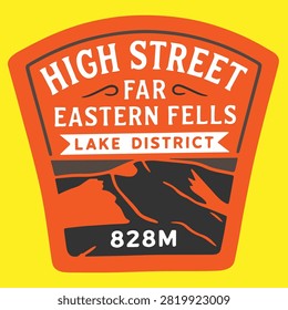Lake District, Helvellyn, Scafell Pike, Blencathra, Skiddaw, High Street, Old Man of Coniston, Fells, UK mountains, vintage badge, retro emblem, mountain sticker, linocut, black and white, vector set, hiking, outdoor adventure, travel patch, national park, summit, elevation, typography logo, stamp design, wilderness, trekking, souvenir badge