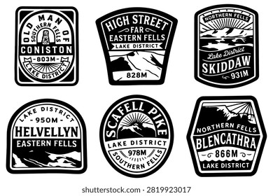 Lake District, Helvellyn, Scafell Pike, Blencathra, Skiddaw, High Street, Old Man of Coniston, Fells, UK mountains, vintage badge, retro emblem, mountain sticker, linocut, black and white, vector set, hiking, outdoor adventure, travel patch, national park, summit, elevation, typography logo, stamp design, wilderness, trekking, souvenir badge