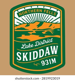Lake District, Helvellyn, Scafell Pike, Blencathra, Skiddaw, High Street, Old Man of Coniston, Fells, UK mountains, vintage badge, retro emblem, mountain sticker, linocut, black and white, vector set, hiking, outdoor adventure, travel patch, national park, summit, elevation, typography logo, stamp design, wilderness, trekking, souvenir badge