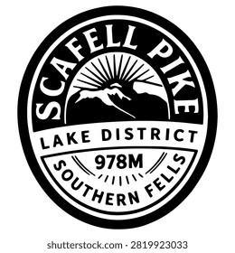 Lake District, Helvellyn, Scafell Pike, Blencathra, Skiddaw, High Street, Old Man of Coniston, Fells, UK mountains, vintage badge, retro emblem, mountain sticker, linocut, black and white, vector set, hiking, outdoor adventure, travel patch, national park, summit, elevation, typography logo, stamp design, wilderness, trekking, souvenir badge