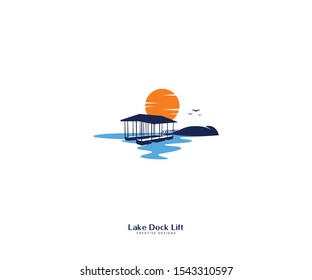 Lake Dock Lift Logo Template, Dock Lift Sunset Illustration