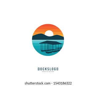 Lake dock logo. silhouette circle lake dock illustration vector