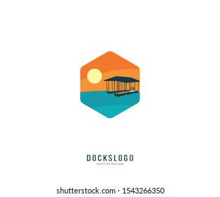 Lake Dock Sunset Logo Template. Lake Dock Hexagon Illustration Vector