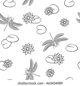 Lake dragonfly insect seamless pattern graphic art black white illustration vector