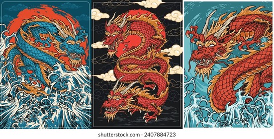 Lake dragons colorful set stickers with Chinese totem jumping out of sea waves or flying in sky vector illustration