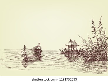 Lake Drawing, Empty Boat On Water Ripples, Cattail And Fishery On Shore