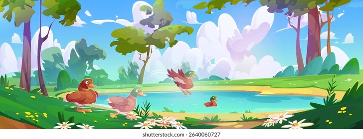 Lake with duck family in forest - birds swimming, jumping into blue water. Daisy flowers on green grass banks, tall trees frame peaceful pond, white clouds drift above sunny cartoon nature scene.