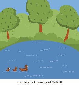 Lake with ducks, trees growing on green lawn, summer landscape vector Illustration, colorful design element for poster or banner