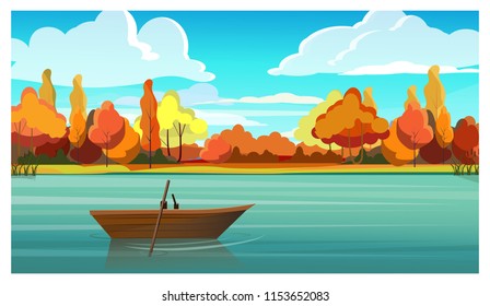 Lake with empty boat and autumn trees in background. Nature, countryside concept. Flat style vector illustration. For leaflets, brochures, wallpapers, posters or banners.