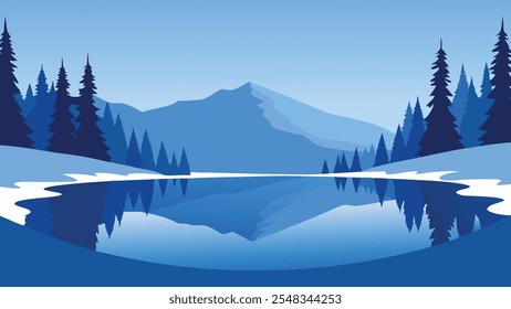 Lake encircled by snow covered trees, reflecting the tranquil winter landscape flat vector illustration.