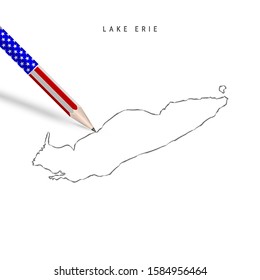Lake Erie vector map pencil sketch. Lake Erie outline contour map with 3D pencil in american flag colors. Freehand drawing vector, hand drawn sketch isolated on white.