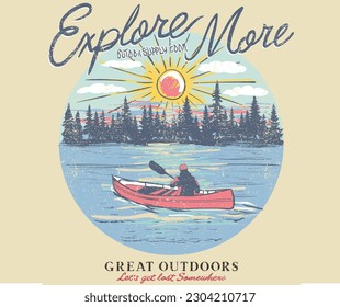 Lake explore vintage graphic print design for t shirt, poster, sticker and others. Wild lake vector artwork.	