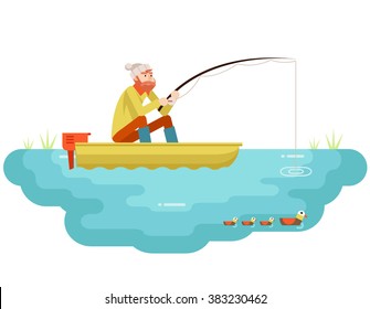 Lake fishing Adult Fisherman Fishing Rod Boat Birds Isolated Concept Character Icon Flat Design Template Vector Illustration