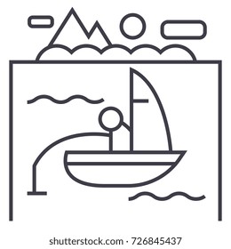 lake, fishing on boat vector line icon, sign, illustration on background, editable strokes