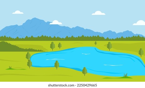 lake flat vector nature landscape background.