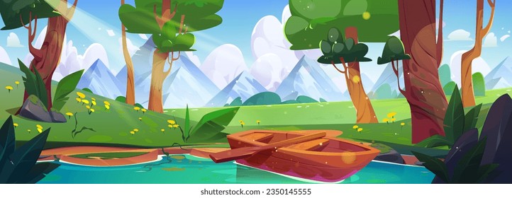 Lake in forest with boat mountain nature vector background. Illustrated summer landscape with river, flowers, tree and green grass on sunny day. Travel outdoor drawing wallpaper with beautiful park