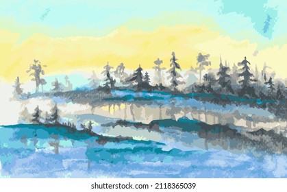 Lake and forest at dawn. Vector landscape hand-drawn. Wall design, interior, photo wallpaper, wallpaper, screensaver, background, book illustration,screensaver.
