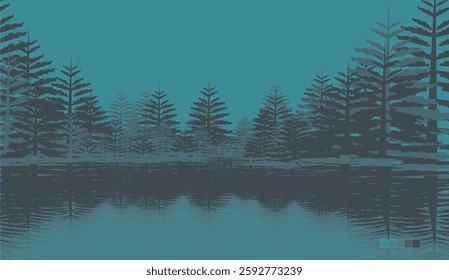 Lake with forest and mountain background.  vector illustration