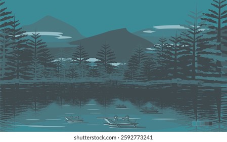 Lake with forest and mountain background.  vector illustration