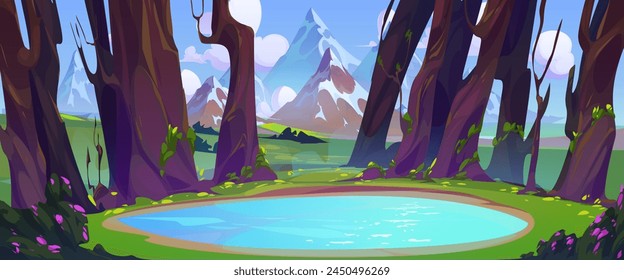 Lake in forest with mountains on background. Cartoon spring or summer vector landscape with water pond, trees and green grass on banks, high rocky hills and blue cloudy sky. Natural woodland scenery.