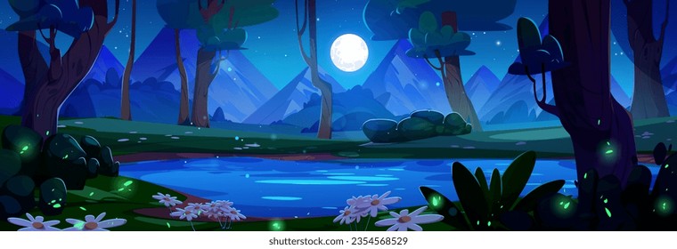 Lake in forest night cartoon background. Panoramic landscape of water pond surrounded by trees, green grass and flowers against mountains in moonlight . Night fantasy natural scene with fireflies