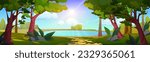 Lake in forest park vector landscape background. Summer nature scenery environment for adventure game cartoon illustration. Explore foliage wilderness scene with sun light ray graphic wallpaper