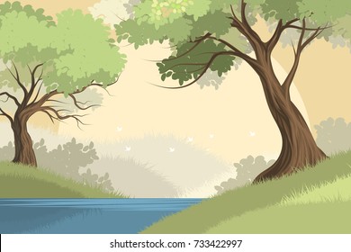 Lake and forest scene vector nature landscape background