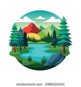 lago en la Ilustración vectorial del bosque