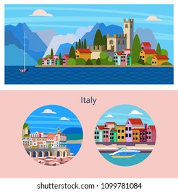 Lake Garda. Lake city. Round icons of Venice, Amalfi. Vector illustration with space for text. Template design of tourist booklet. svg