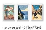 Lake Garda, Italy. Las Vegas, Nevada. Pamplona, Spain - Set Vintage Travel Poster. Vector illustration. High quality prints