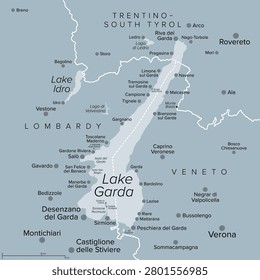 Lake Garda, largest lake in Italy, gray political map. Lago di Garda, or Benaco, west of Verona, at the edge of the Italian Alps, with shorelines divided between Lombardy, Veneto, and Trentino. Vector