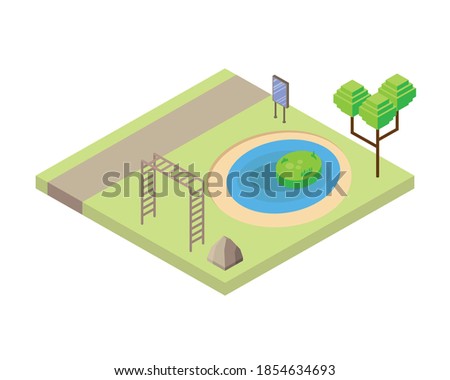 lake and gimnastic bars park scene Isometric style icon vector illustration design