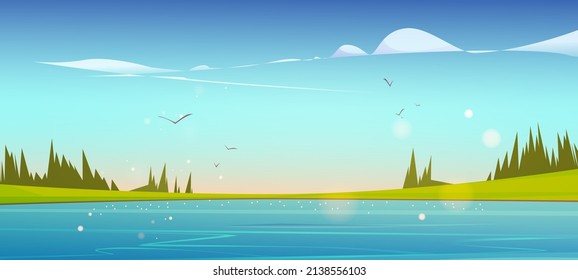 Lake, green grass and coniferous trees on coast in morning. Vector cartoon illustration of summer landscape with blue water, meadows, forest and flying birds