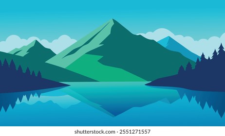 Lago con agua verde, rodeado de majestuosas montañas bajo una Ilustración vectorial plana de cielo azul claro.