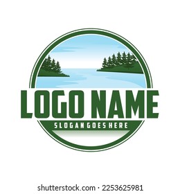 Lake and hill views with retro badge design on white background