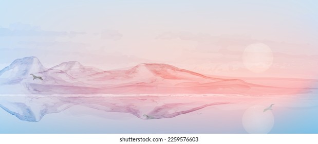 Lago y colinas, fondo de montaña.  Ilustración cálida del amanecer. Paisaje de color pastel. Fondo natural con lugar para el texto. Banner web horizontal.