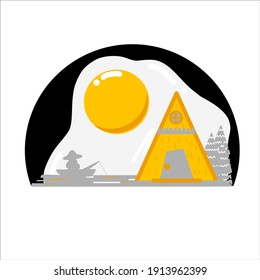 Lake house bannner, Outdoor adventure logo. Fishing life wall art. Campfire Nature landscape. Perfect for summer camp flyers, posters, stickers, shirts and enamel mug designs, cottage decor, icon