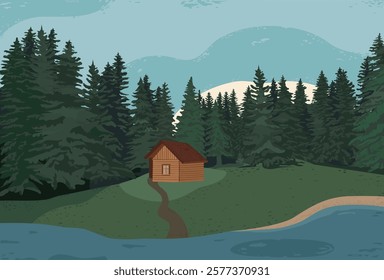 Lake house cabin in the woods. Vector illustration landscape.