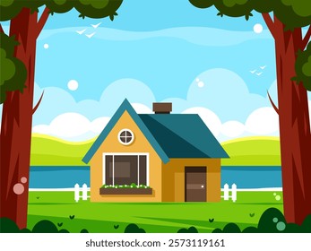 Lake house. Countryside cozy cottage with a white fence. Background with lake shore and lawn on a sunny summer day. Vector graphics