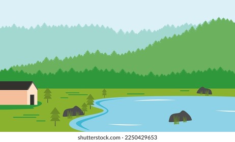 fondo paisajístico de lagos, casas y bosques de vectores planos.