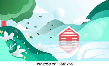 lake and house landscape view illustration design