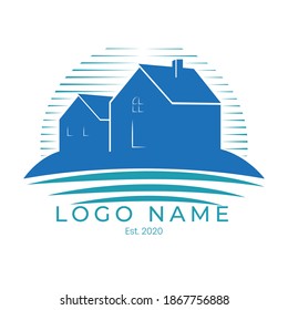 a lake house logo with a house concept with vintage lines and an underline that defines a lake