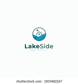Lake and house logo design. Vector house logo with blue wave. Rent house near lake. holidays, water sign. Line house and water logotype